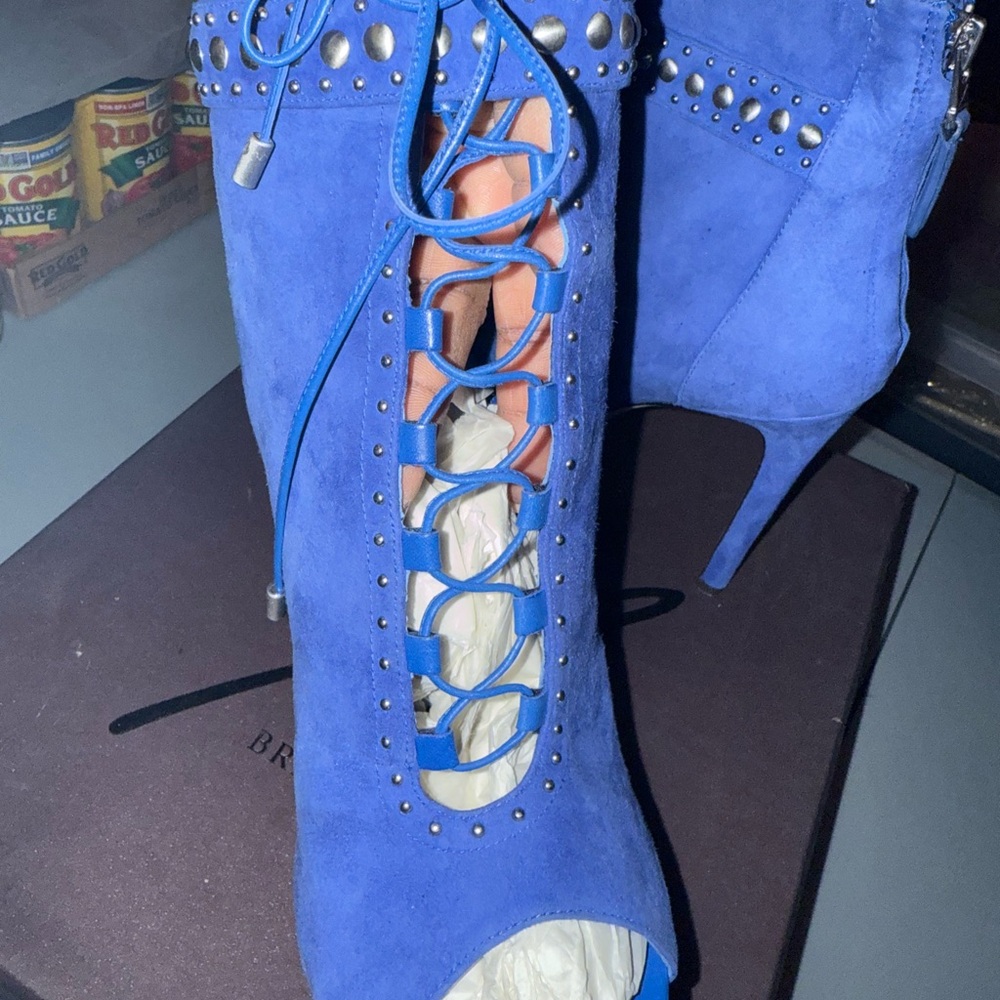 B Brian Atwood Blue Heeled Boots with Stiletto and Lace-Up Design